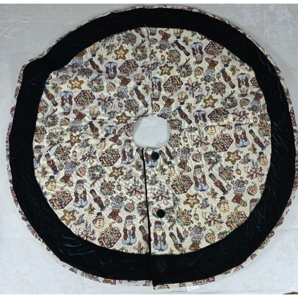 Tapestry Christmas Tree Skirt 42" Round Santa Wreath Bell Snowman VTG Green Bord